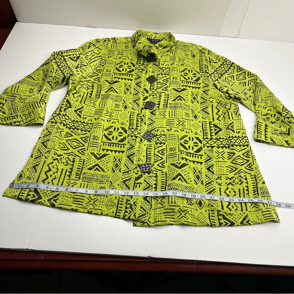 Ali Miles Geometric Green‎ Black Top Wire Collar Womens XL Button Front *FLAW